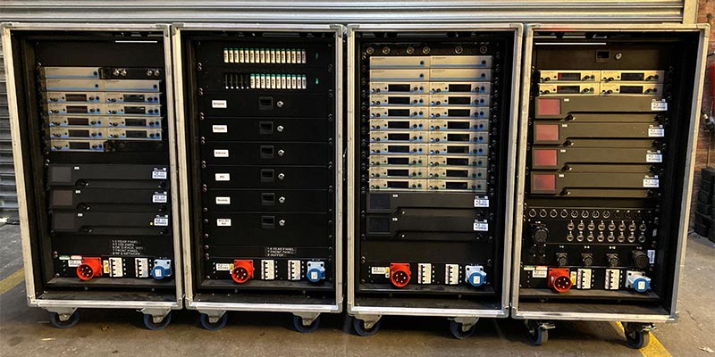 Front of custom hybrid RF, stage box and amplifier touring rack