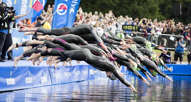 Start line of Leeds World Triathlon at Roundhay Park, Leeds, West Yorkshire